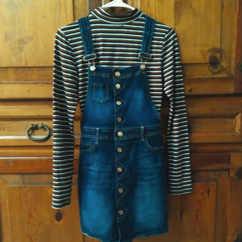 Justice,overall dress,striped longsleeved shirt